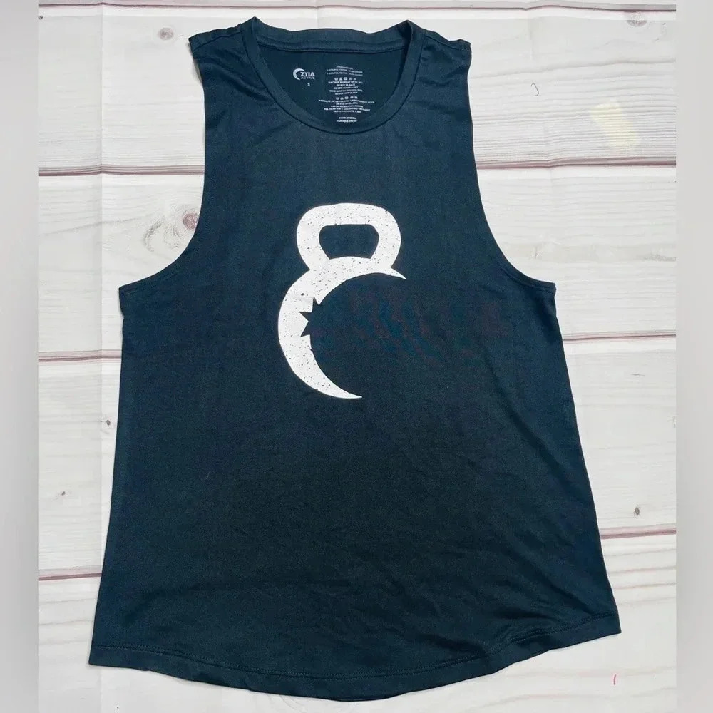 Zyia Active Tank Top Womens‎ S Black Kettle Moon Kettlebell Logo Workout